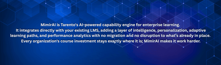 MimirAI is Tarento's AI-powered capability engine for enterprise learning. It integrates directly with your existing LMS, adding a layer of personalization, adaptive learning paths, and performanc.png